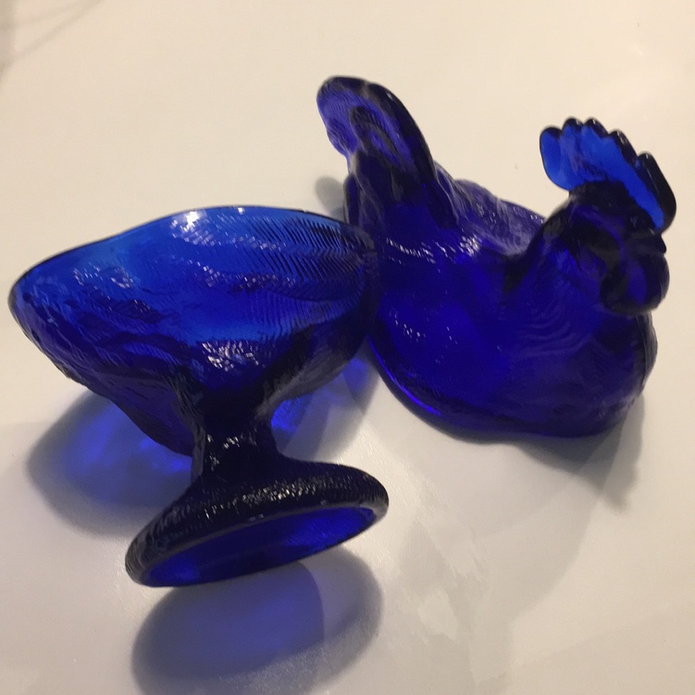 Cobalt blue glass rooster.